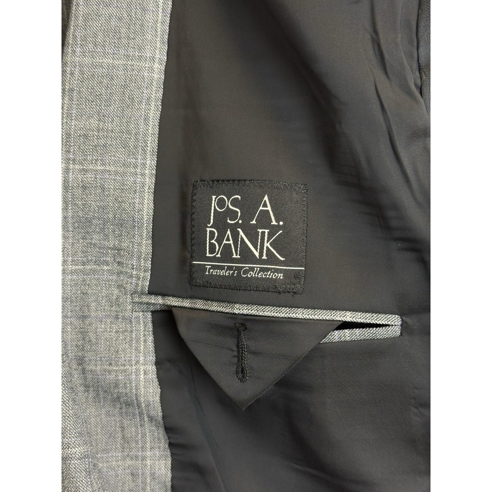 Jos A Bank Travelers Sport Coat Mens 44L Tailored Fit Grey‎ Plaid Wool Blazer - Picture 8 of 12